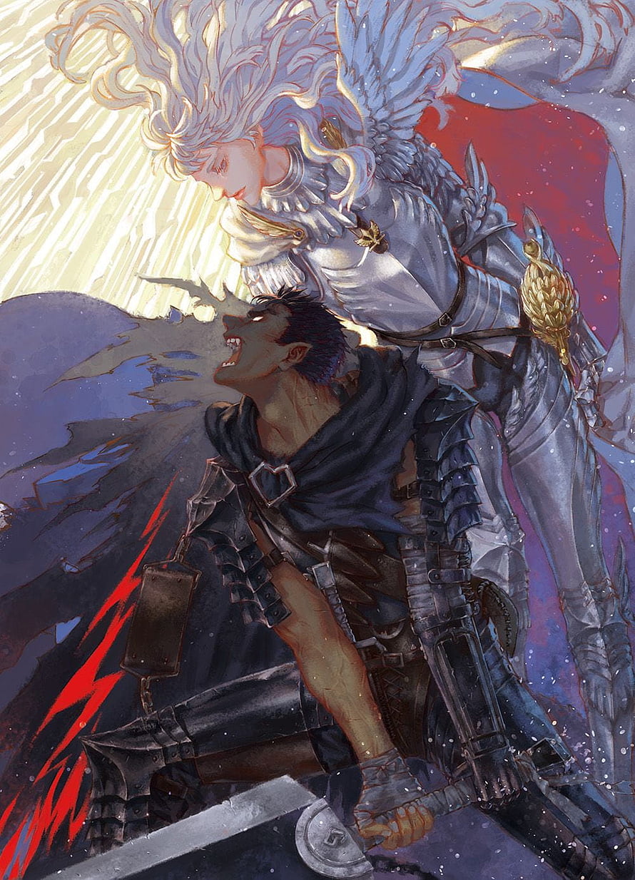 Guts and Griffith in Dramatic Fantasy Illustration from Berserk HD phone wallpaper