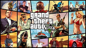 Grand Theft Auto V Character Collage Poster with Michael, Franklin, and Trevor HD wallpaper