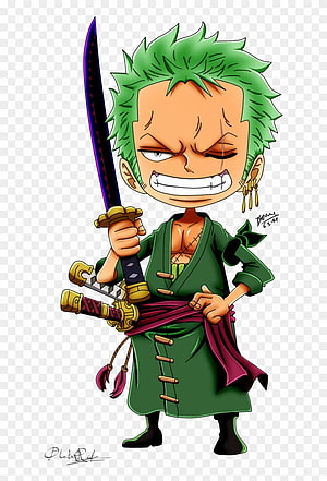 Chibi Roronoa Zoro from One Piece Holding Three Swords in Green Outfit HD phone wallpaper