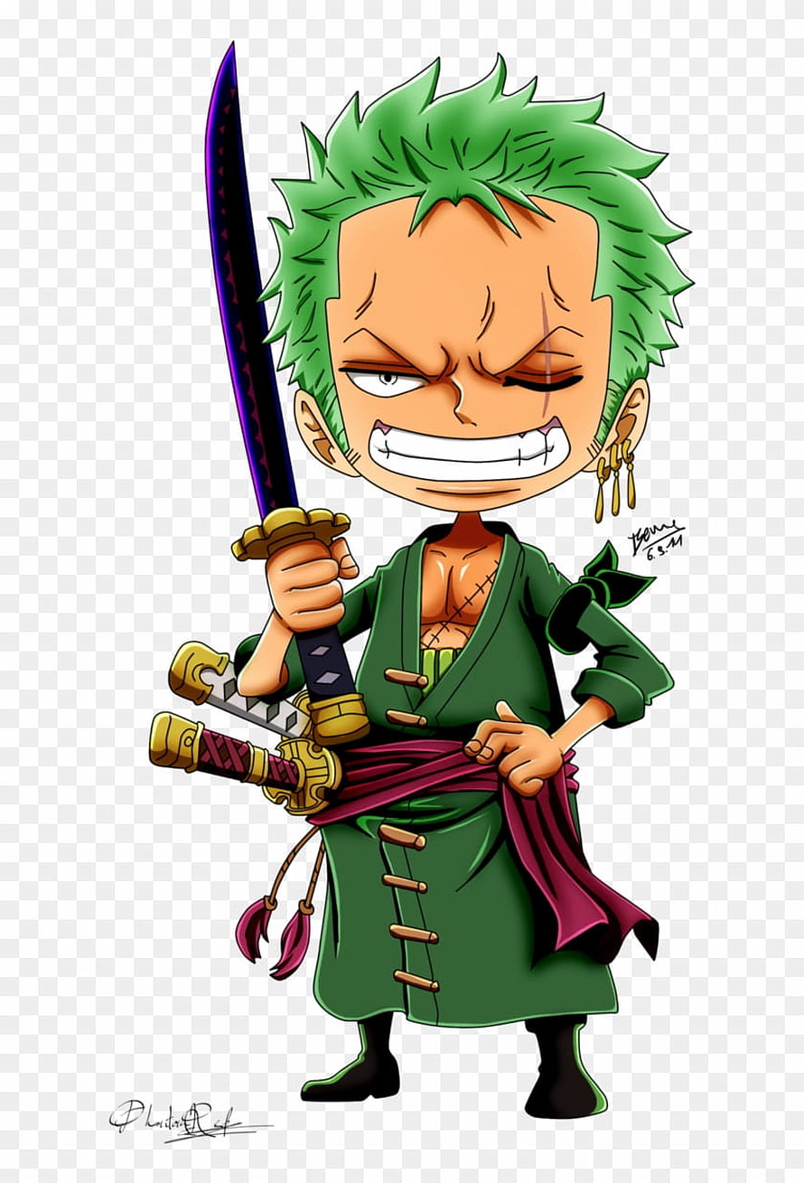 Chibi Roronoa Zoro from One Piece Holding Three Swords in Green Outfit HD phone wallpaper