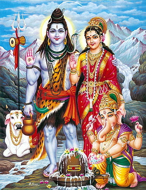 Shiva Parvati Ganesha and Nandi in Himalayan Landscape Traditional Indian Deity Painting HD phone wallpaper