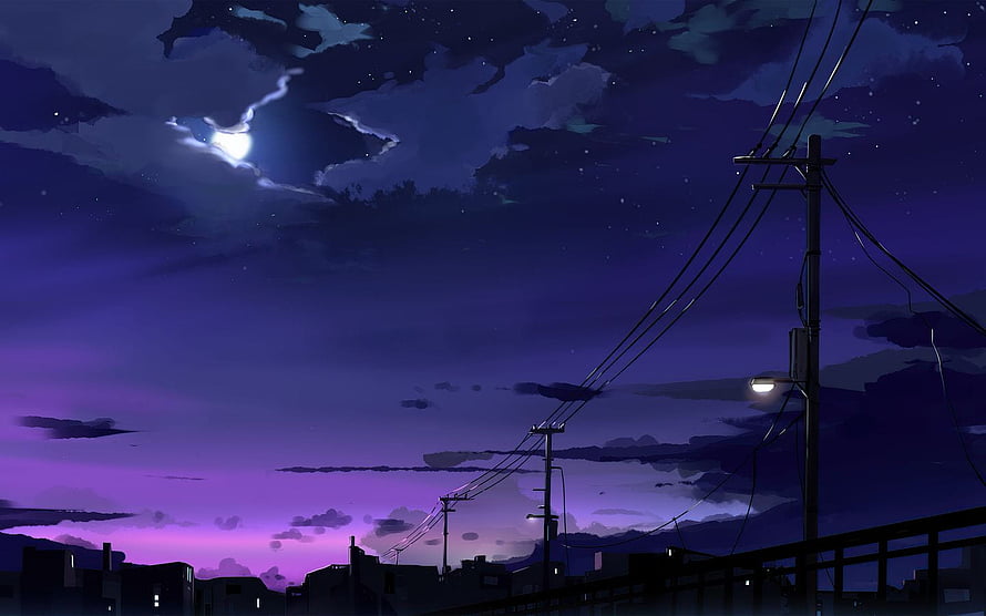 Anime Night Sky with Moon, Power Lines, and Purple Twilight Over a City Silhouette HD wallpaper