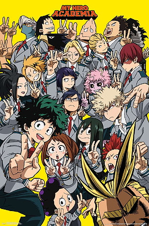 My Hero Academia Class 1-A Group Portrait with Peace Signs on Yellow Background HD phone wallpaper