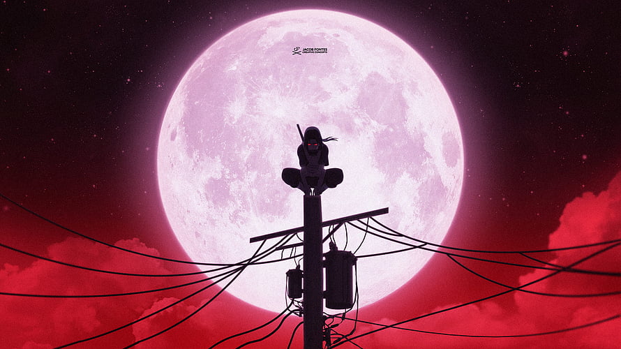 Itachi Uchiha Silhouette Perched on Power Pole Against Giant Pink Moon in Anime Style HD wallpaper