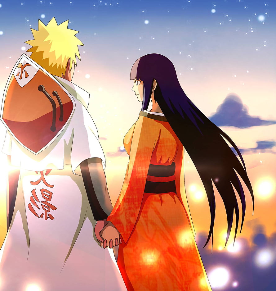Naruto and Hinata holding hands in wedding attire at sunset HD phone wallpaper