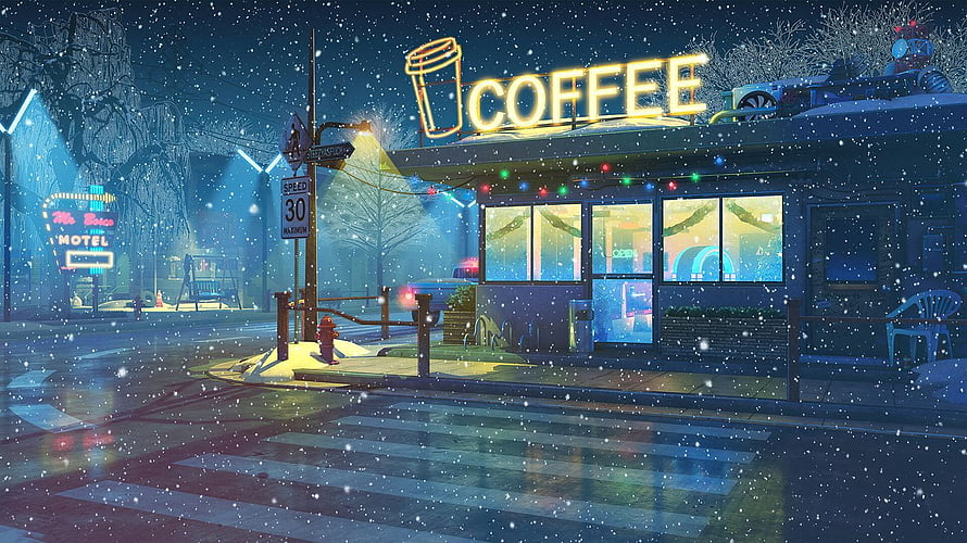 Cozy Lo-Fi Coffee Shop on a Snowy Night with Neon Signs and Falling Snowflakes HD wallpaper