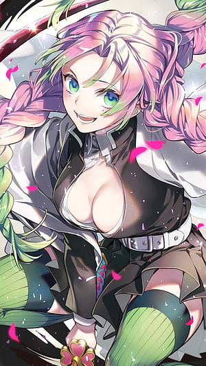 Kanroji Mitsuri from Demon Slayer in a dynamic anime illustration with pink hair and green eyes HD phone wallpaper