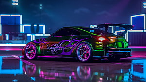 Neon Green Nissan 350Z With Dragon Decals In Cyberpunk City HD wallpaper