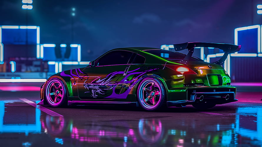 Neon Green Nissan 350Z With Dragon Decals In Cyberpunk City HD wallpaper