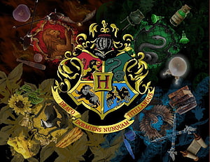 Hogwarts School of Witchcraft and Wizardry Crest with Four House Emblems and Magical Artifacts HD wallpaper