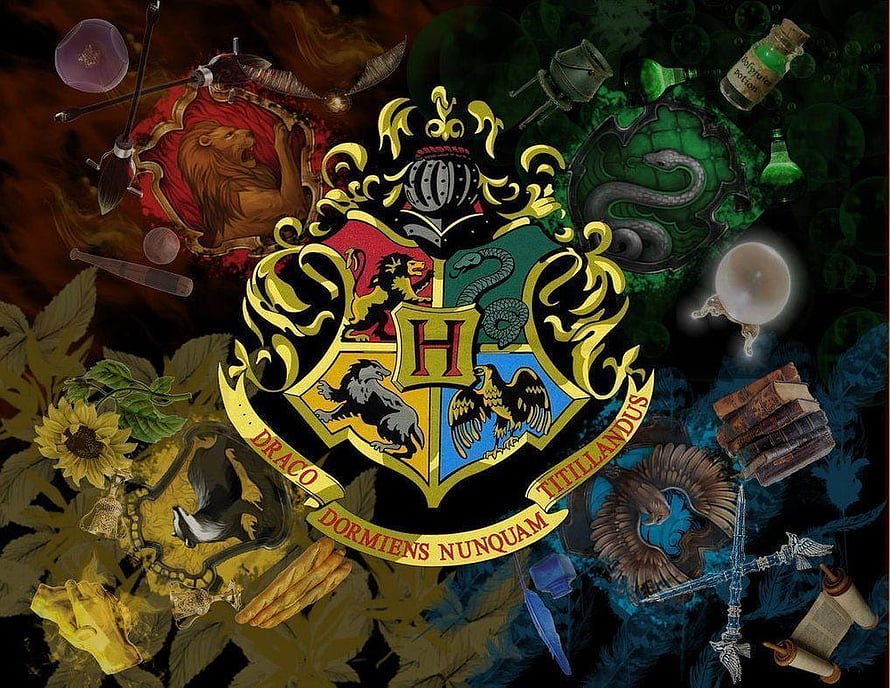 Hogwarts School of Witchcraft and Wizardry Crest with Four House Emblems and Magical Artifacts HD wallpaper