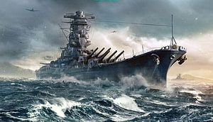 IJN Yamato Battleship Cutting Through Rough Seas Under Stormy Skies HD wallpaper