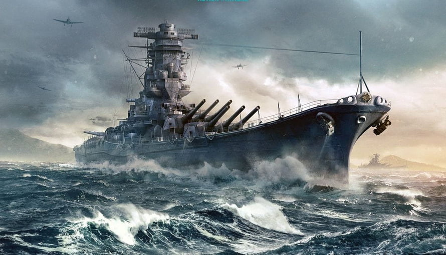 IJN Yamato Battleship Cutting Through Rough Seas Under Stormy Skies HD wallpaper