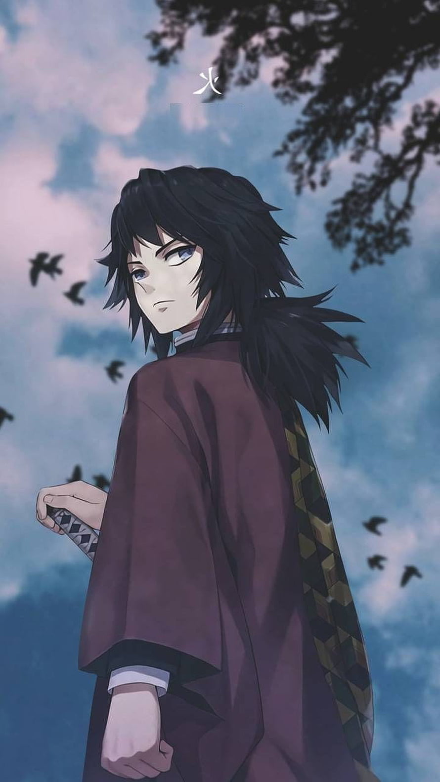 Giyu Tomioka from Demon Slayer Standing Under a Cloudy Sky with Birds in Flight HD phone wallpaper