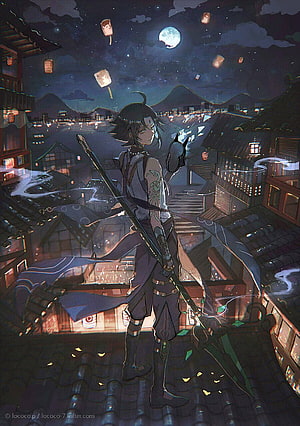 Xiao from Genshin Impact Standing on Rooftop Under Moonlit Sky with Floating Lanterns HD phone wallpaper