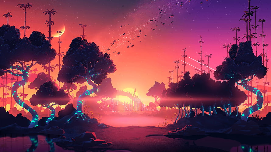 Neon Glowing Trees in Alien Jungle at Sunset with Distant City HD wallpaper