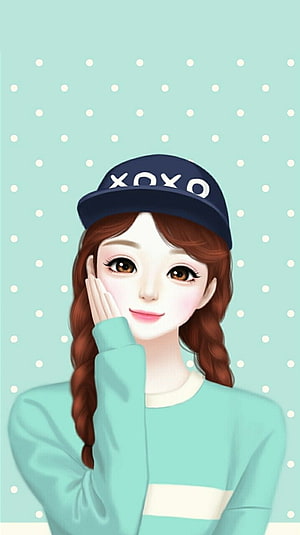Cute Cartoon Girl with Braids and Cap on Mint Polka Dot Background HD phone wallpaper