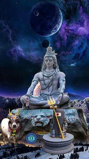 Lord Shiva meditating on cosmic mountain with Nandi bull and trident under starry night sky HD phone wallpaper