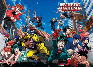 My Hero Academia Class 1-A Students in Dynamic Action Pose on Rooftop HD wallpaper