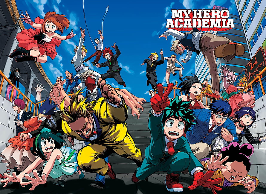 My Hero Academia Class 1-A Students in Dynamic Action Pose on Rooftop HD wallpaper
