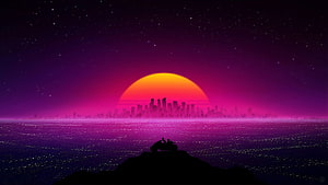 Synthwave Sunset Cityscape with Motorcycle Silhouette and Neon Purple Sky HD wallpaper