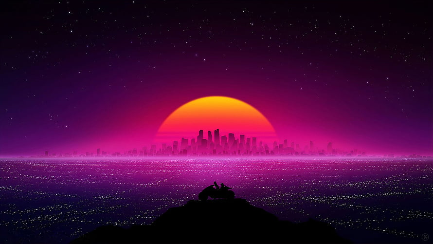 Synthwave Sunset Cityscape with Motorcycle Silhouette and Neon Purple Sky HD wallpaper