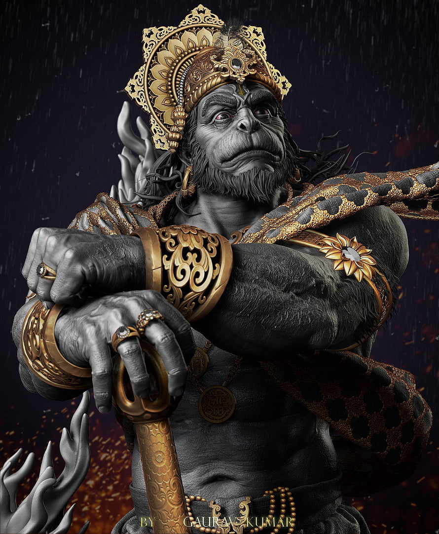 Bajrang Bali Digital Artwork: Majestic Monkey God in Ornate Golden Armor and Crown HD phone wallpaper