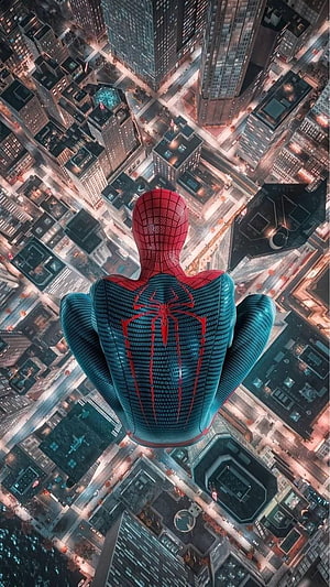 Spider-Man in Iron Spider Suit Hovering Over City Skyline, Spiderman Marvel Art Tom holland ultra Aesthetic Comics, spider man logo mobile HD phone wallpaper