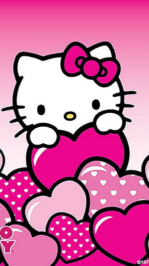 Cute Hello Kitty Holding a Large Pink Heart Surrounded by Patterned Hearts on a Soft Pink Gradient Background HD phone wallpaper