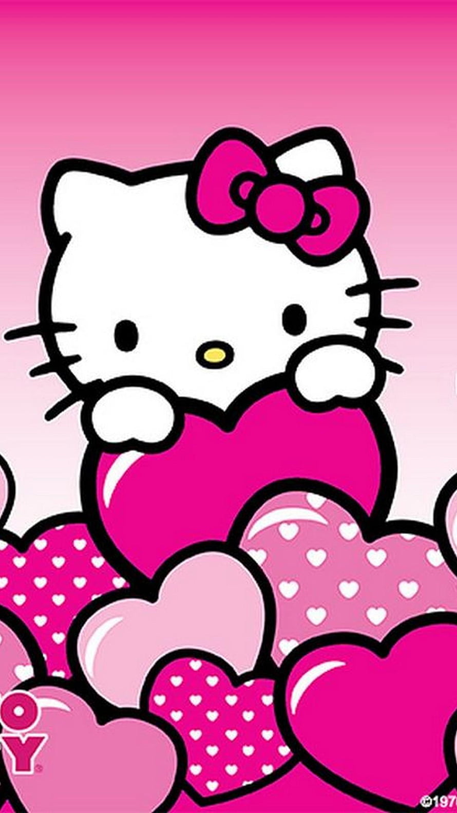 Cute Hello Kitty Holding a Large Pink Heart Surrounded by Patterned Hearts on a Soft Pink Gradient Background HD phone wallpaper