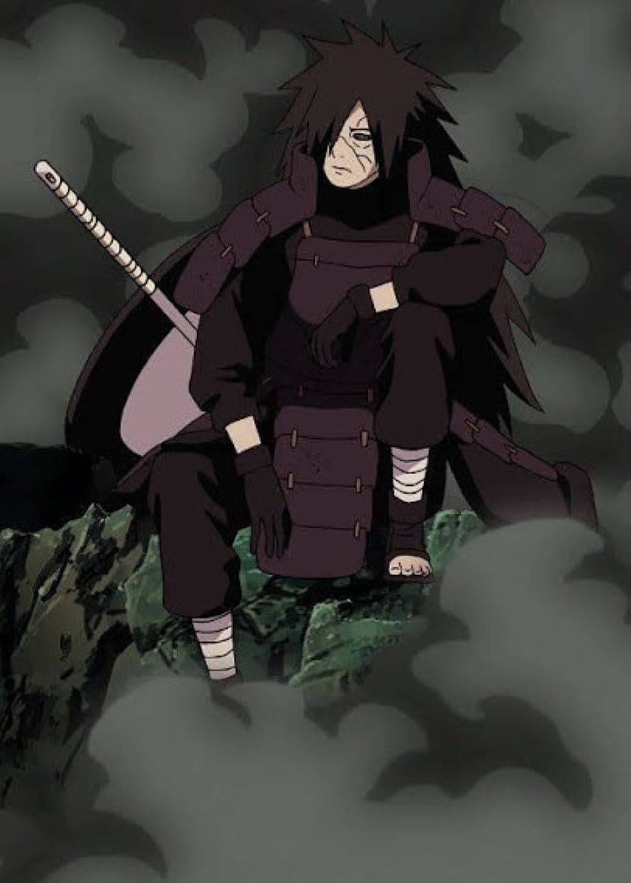 Madara Uchiha Anime Character Sitting on Rock with Katana in Dark Misty Atmosphere HD phone wallpaper