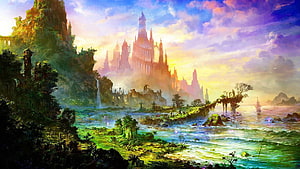 Fantasy Landscape With Majestic Castle On Cliffside At Sunset HD wallpaper