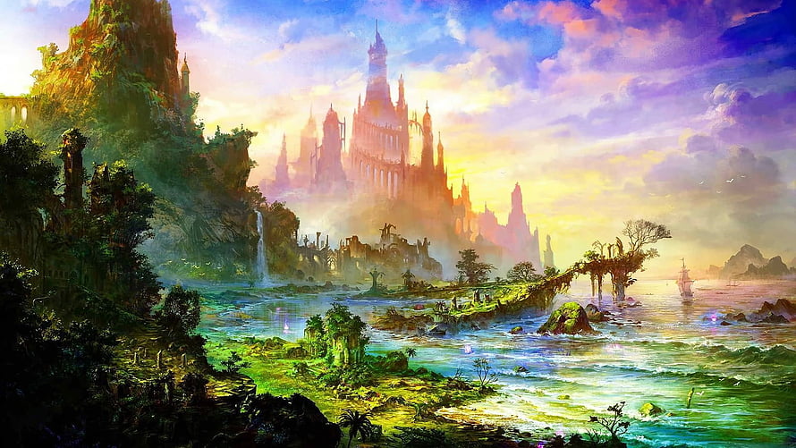 Fantasy Landscape With Majestic Castle On Cliffside At Sunset HD wallpaper