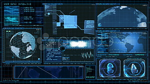 Futuristic Blue Holographic HUD Interface with Global Maps and Data Visualizations HD wallpaper