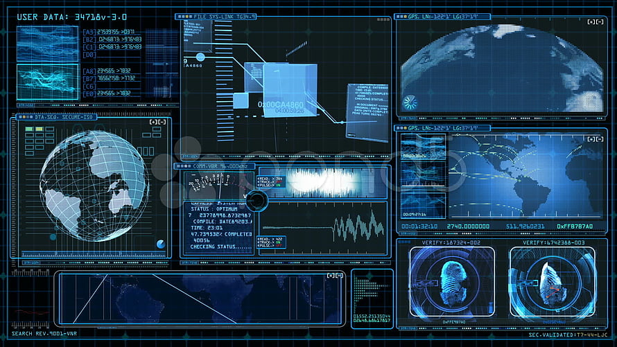 Futuristic Blue Holographic HUD Interface with Global Maps and Data Visualizations HD wallpaper