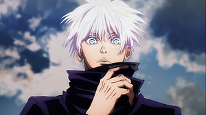 Gojo Satoru from Jujutsu Kaisen anime character portrait with white hair and blue eyes against cloudy sky HD wallpaper