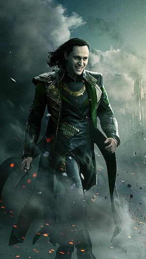 Loki in Green and Black Armor Walking Through Smoke and Embers HD phone wallpaper