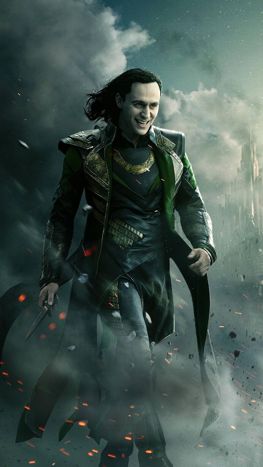 Loki in Green and Black Armor Walking Through Smoke and Embers HD phone wallpaper