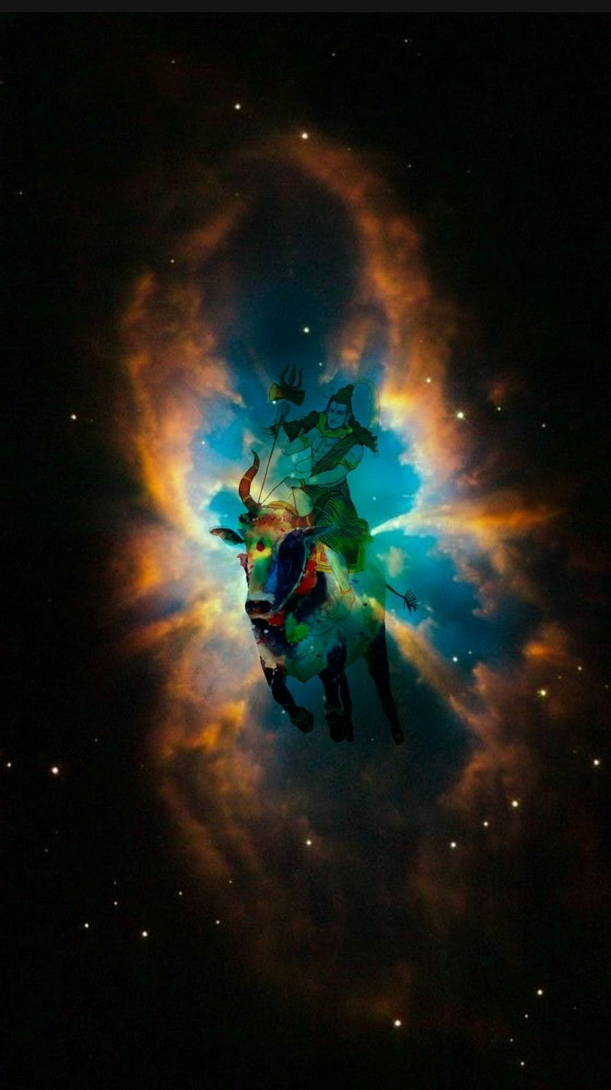 Lord Shiva Riding Nandi Bull Through Cosmic Nebula in Vibrant Digital Art HD phone wallpaper