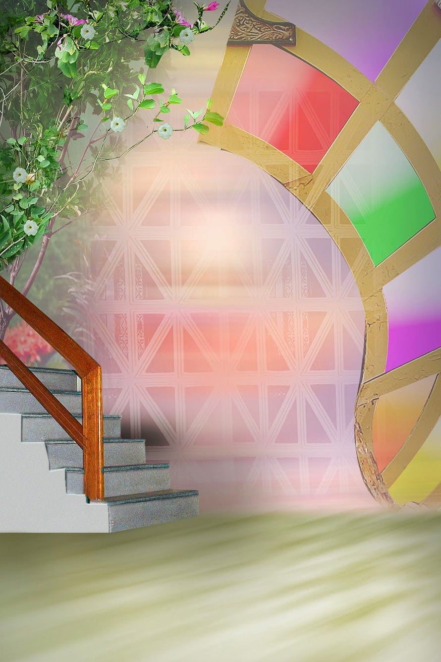 Magical Fantasy Staircase Leading to a Glowing Rainbow Portal with Lush Greenery HD phone wallpaper