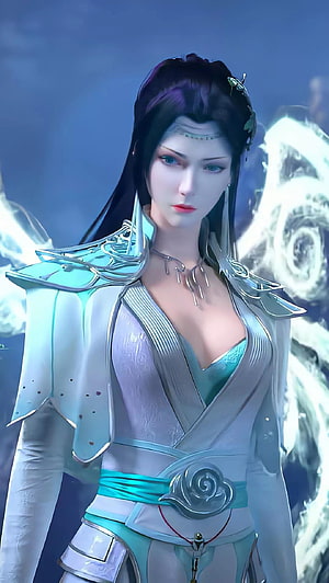 3D animated female warrior in white and cyan armor with intricate shoulder pads and mystical background HD phone wallpaper