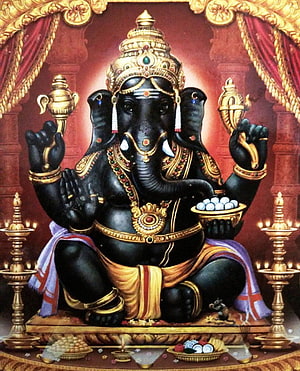 Black Lord Ganesha Sitting With Modak And Golden Jewelry HD phone wallpaper