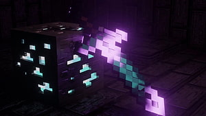 Minecraft Netherite Sword and Block in Dark Atmosphere HD wallpaper