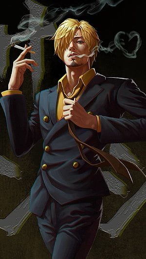 Vinsmoke Sanji in a dark suit holding a cigarette with smoke swirling around him HD phone wallpaper