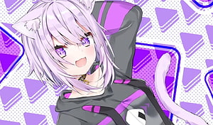 Anime Girl With Purple Hair And Cat Ears In Hoodie HD wallpaper