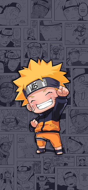 Chibi Naruto Uzumaki Happy Pose With Manga Panels Background, Naruto HD phone wallpaper
