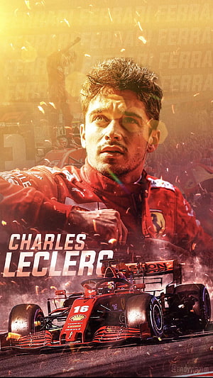 Charles Leclerc Ferrari F1 Racing Driver Portrait with Race Car and Golden Sparks HD phone wallpaper