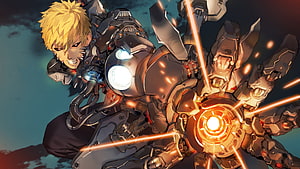 Blond Anime Character in Heavy Mecha Armor with Glowing Energy Core HD wallpaper
