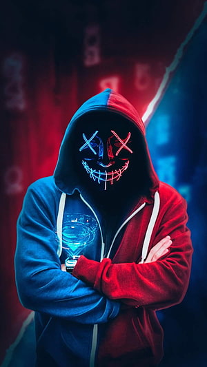 Glowing LED Mask Figure in Split-Color Hoodie with Neon Cyberpunk Lighting HD phone wallpaper