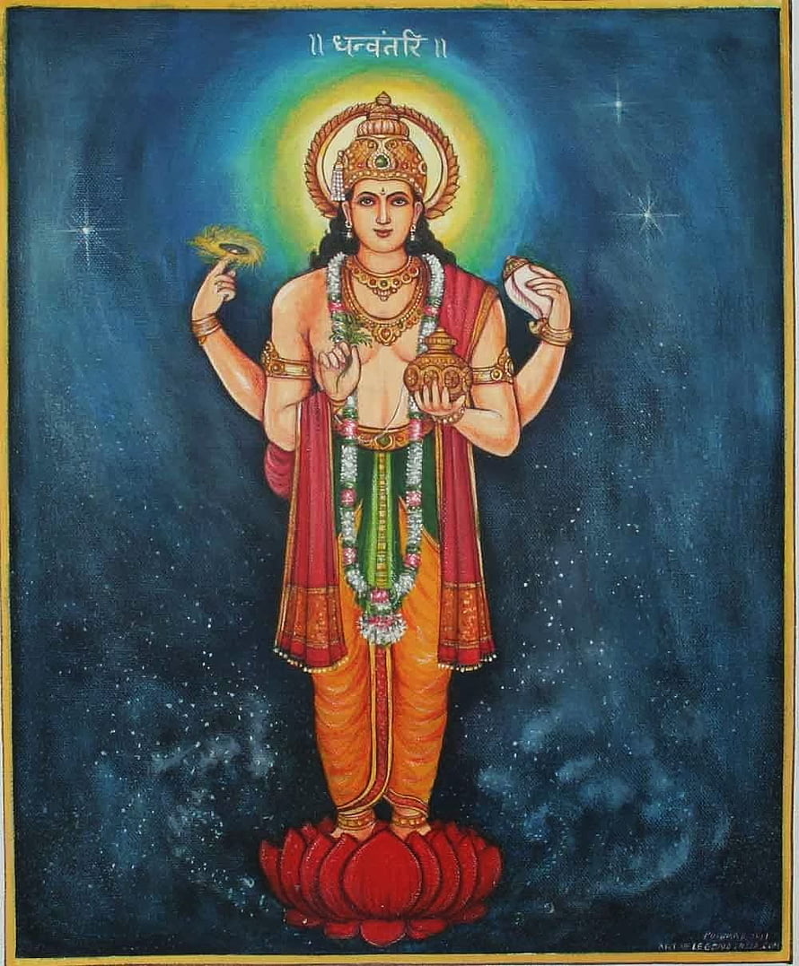 Dhanvantari Hindu Deity Painting on Lotus Throne with Cosmic Background HD phone wallpaper
